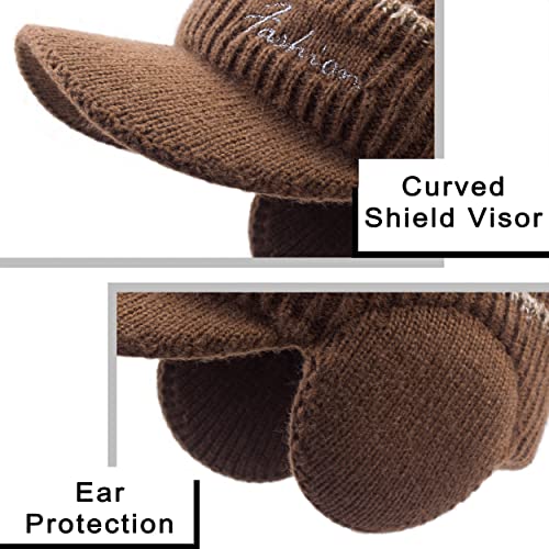 Men's Beanie w/ Visor -Warm Winter Knit Earflaps Hats
