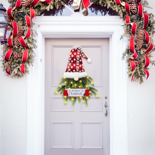 Christmas Wreath for Front Door, Lighted Gnome Christmas Door Wreath, Artificial Santa Xmas Hanging Sign