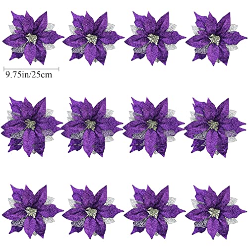 12Pcs Poinsettia Flowers Glitter Christmas Ornaments