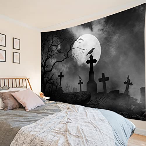 Halloween Tapestry Full Moon Black Crow Tombstone Dead Tree , Scary Grey Cemetery Forest Wall