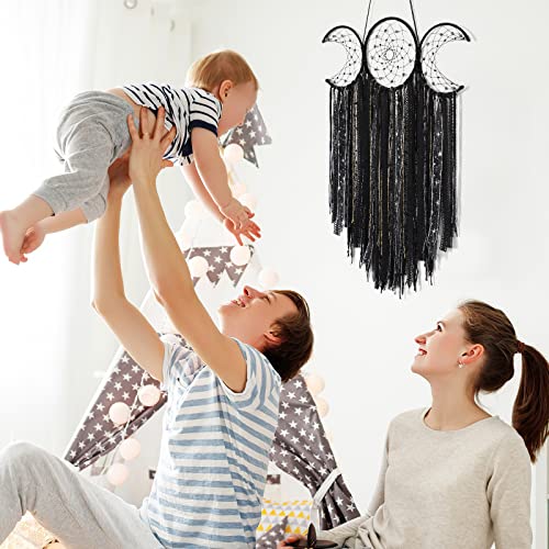 Black Triple Moon Goddess Macrame Wall Hanging Large Dream Catcher Boho Wiccan Moon Phases