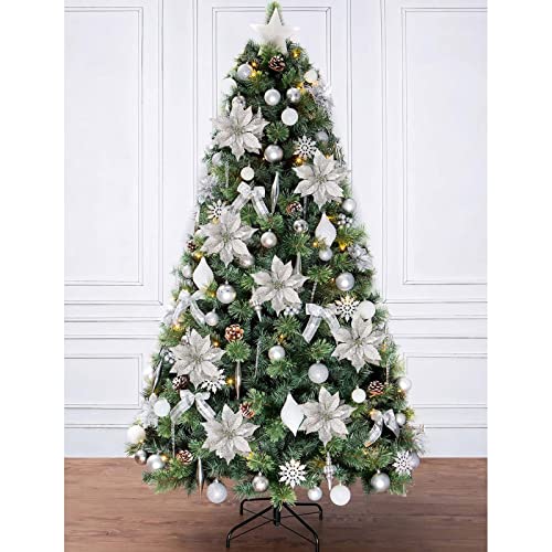 12Pcs Poinsettia Flowers Glitter Christmas Ornaments