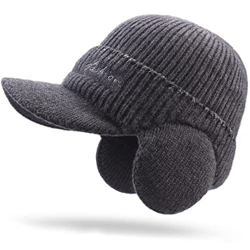 Men's Beanie w/ Visor -Warm Winter Knit Earflaps Hats