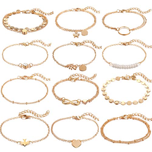 12 Pcs Gold Handmade Adjustable Chain Charm Bracelet Set
