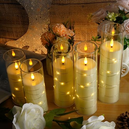 Flameless LED Timer 5 Pc Flickering Flameless Candles for Romantic Ambiance & Home Decoration Durable Acrylic Shell w/ Embedded Star String