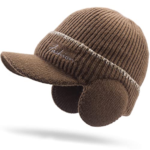 Men's Beanie w/ Visor -Warm Winter Knit Earflaps Hats