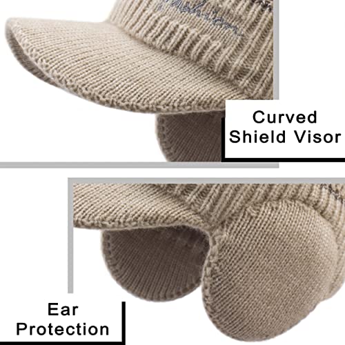 Men's Beanie w/ Visor -Warm Winter Knit Earflaps Hats
