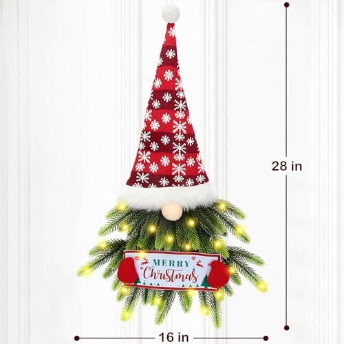 Christmas Wreath for Front Door, Lighted Gnome Christmas Door Wreath, Artificial Santa Xmas Hanging Sign