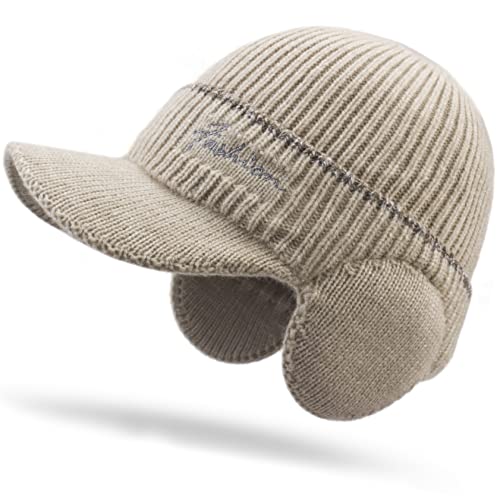 Men's Beanie w/ Visor -Warm Winter Knit Earflaps Hats