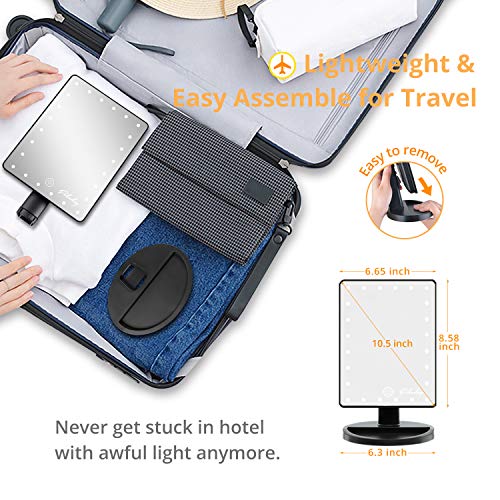 Makeup Mirror w/ Lights & 10X Magnifying Mirror - 24 LED Lighting Adjustable, Dual Power Supply, Touch Screen