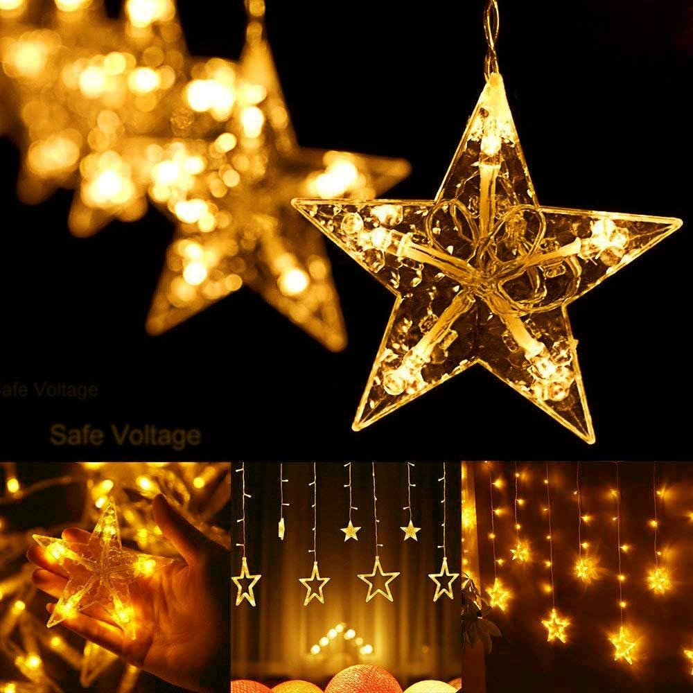 12 Stars Curtain Christmas Lights - 138 LED Christmas Window Lights - 8 Mode Indoor LED Christmas Waterfall Lights Hanging Backdrop for Bedroom Wedding Party Wall Decoration, Warm White