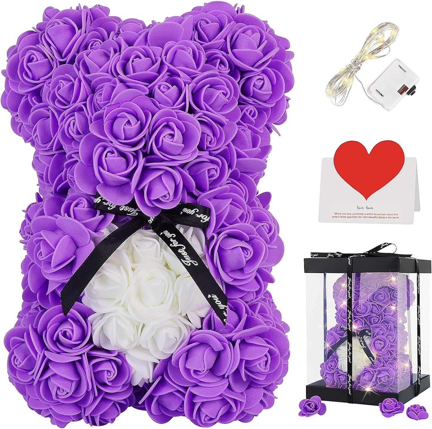 Rose Bear with Box, Artificial Flowers Rose Teddy Bear with Greeting Card,