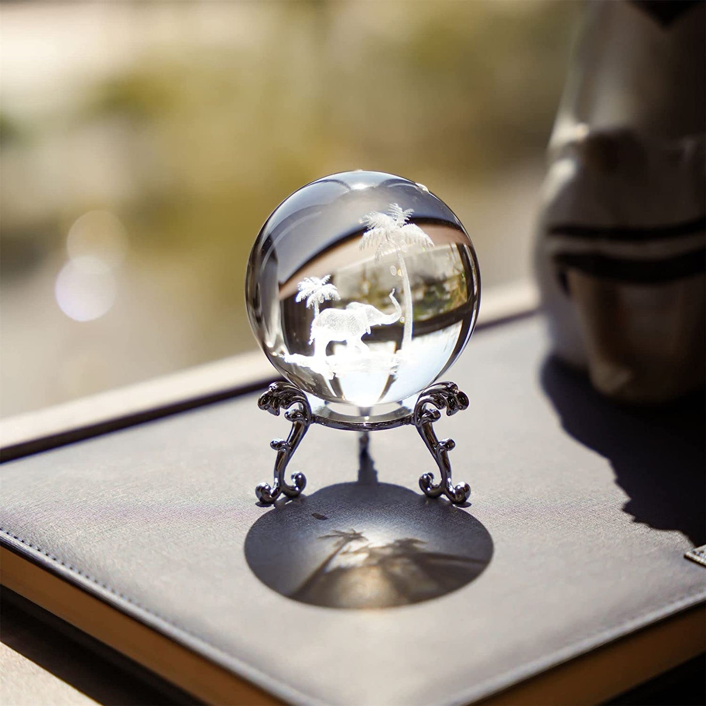 Tropical Elephant Crystal Ball Paperweight w/ Stand 60mm 3D Laser Engraved (Clear) Elephant-2