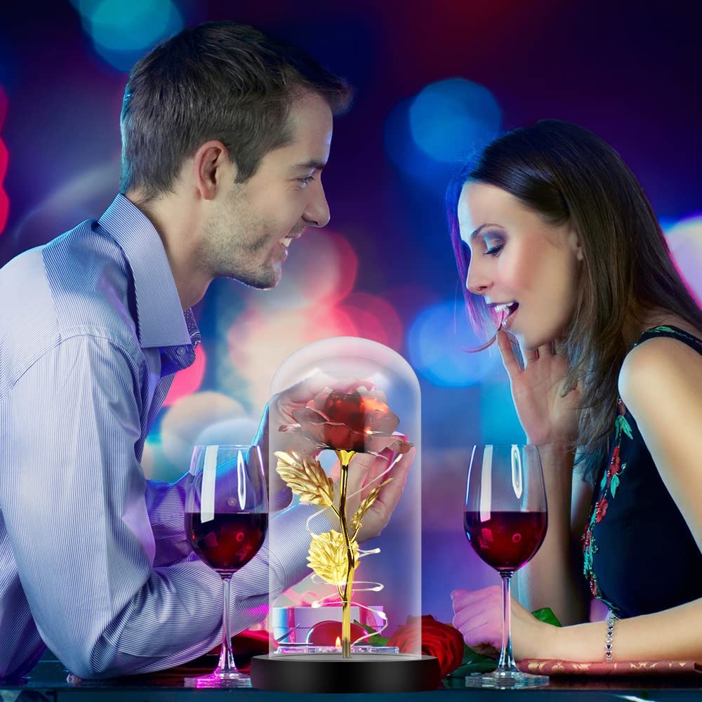 Galaxy Rose in Glass w/ LED Light, Colorful Rose Flower, Valentine's Day (10.2X5.5X5.5in) (Red)