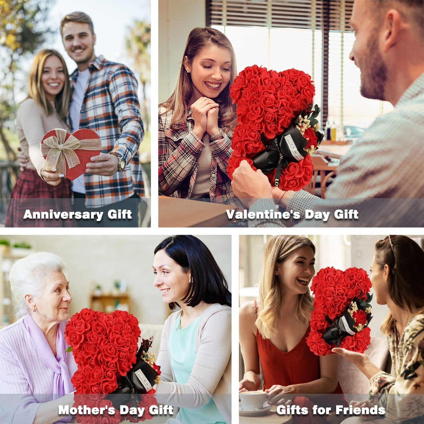 Valentines Day Gifts for Her, Rose Bear w/ I Love You Necklace 100 Languages, Red