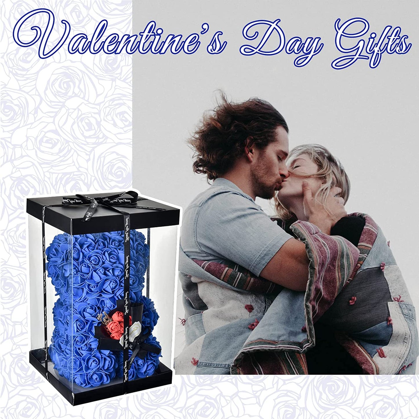 Blue Rose Bear Valentines Day Gifts for Her w/ Box & I Love You Necklace