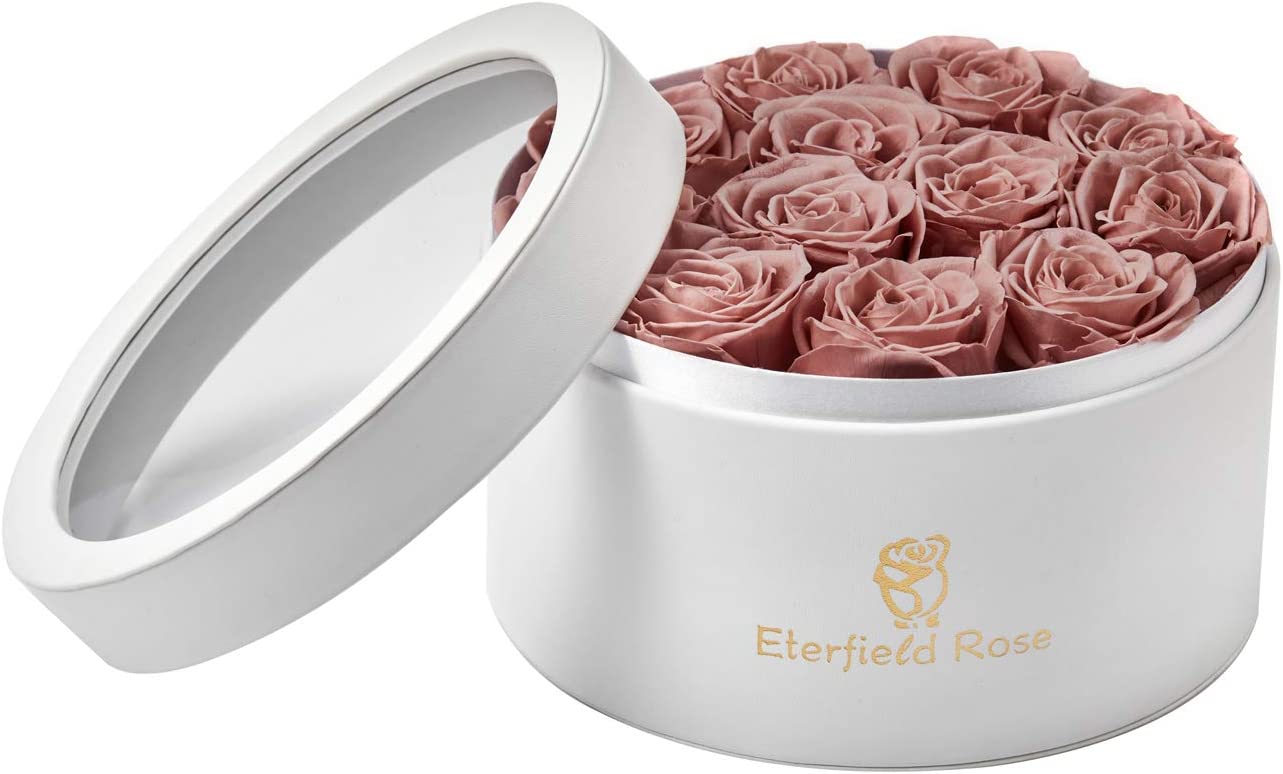 Preserved Roses That Last a Year Eternal Roses in a Box Real Rose w/o Fragrance Gift for Her (Dusty Pink Roses, Round White PU Leather Box)