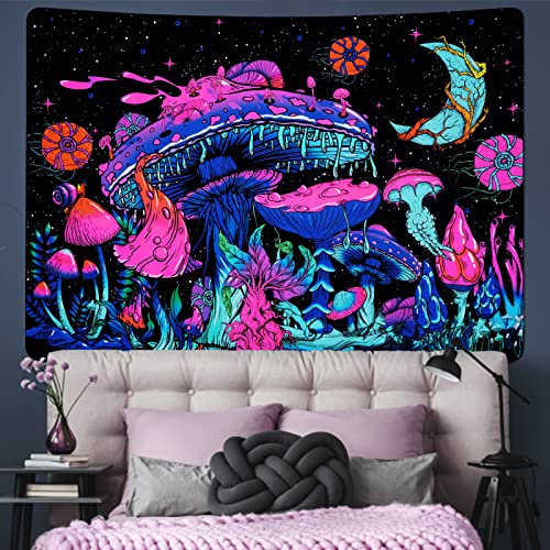 Mushroom Moon and Stars Plants Starry Night Sky Monster Tapestry Wall Hanging for Room