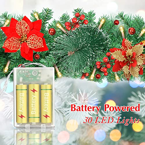 Artificial Christmas Garland, Green Rattan with Red Flower Decorations and Battery Operated LED Lights
