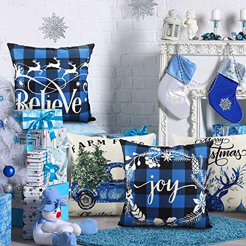 Set of 4 Christmas Decorations Black and Blue Buffalo Plaid Winter Holiday Cushion  Cover 18x18.