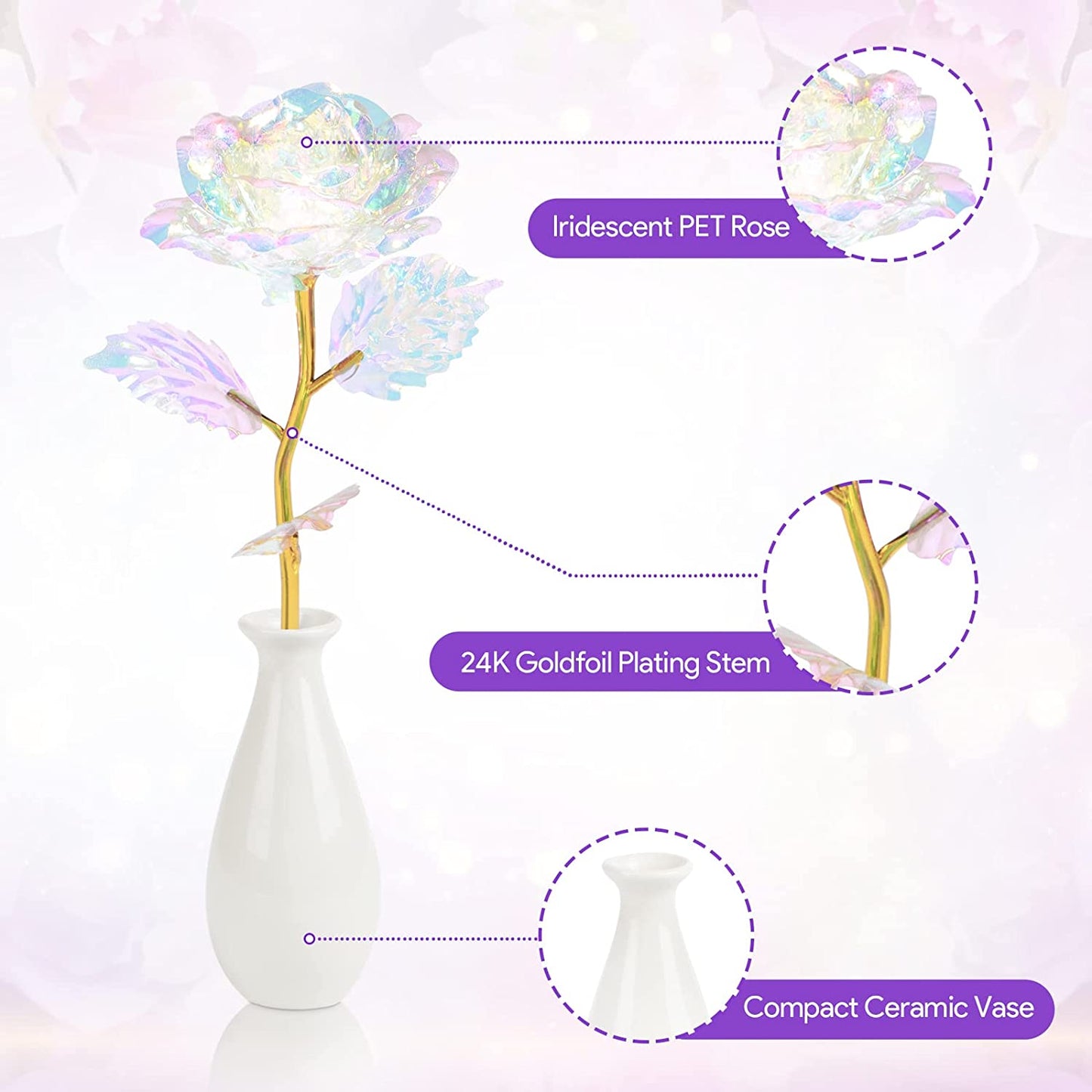 Valentines Day Gifts for Her, Rainbow Artificial Rose Flower w/ Gold Foil Stem & Ceramic Vase