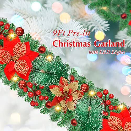 Artificial Christmas Garland, Green Rattan with Red Flower Decorations and Battery Operated LED Lights