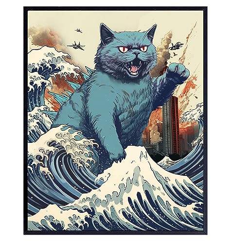 Vintage Funny Cat Wall Catzilla Japanese The Great Wave off Kanagawa Cute Cat Stuff Cat Wall