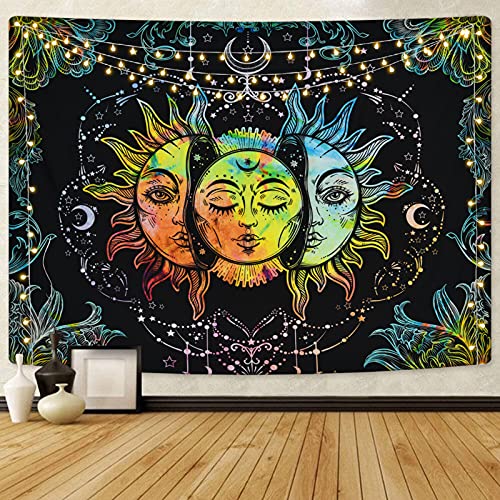 Psychedelic Sun and Moon Burning Sun Black Colorful Moon and Stars Tapestry ( 51.2 × 59.1 inches)