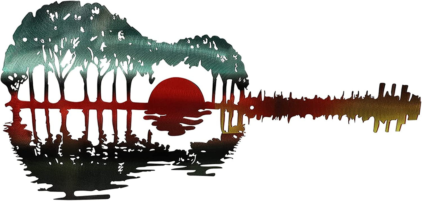 17X8 Inches Abstract Multicolor Guitar Metal Wall Art Bar Dining, Multicolor Guitar