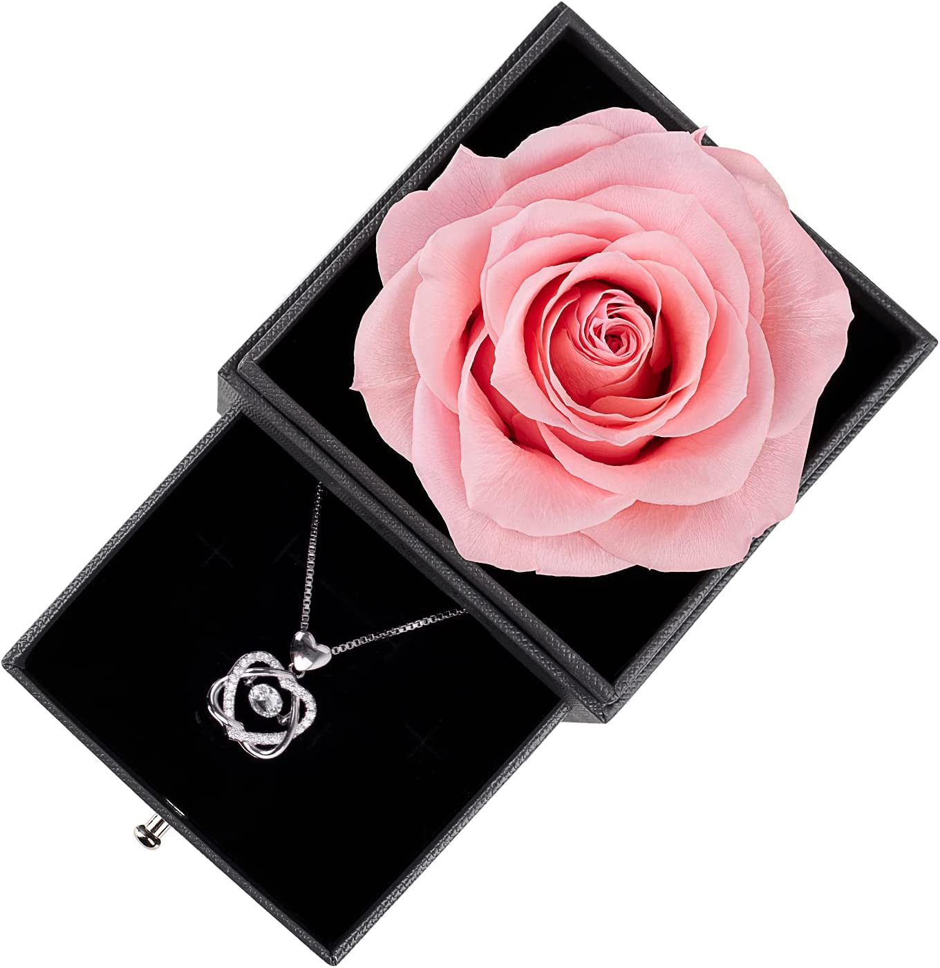 Preserved Real Rose w/ Necklace, Eternal Rose for Mom Wife Girlfriend Sister Ideas (Pink)
