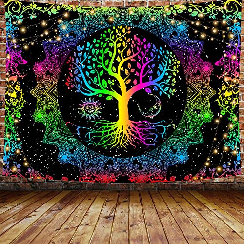Psychedelic Tree of Life Mysterious Sun and Moon Mandala Colorful Hippie Boho Tapestry