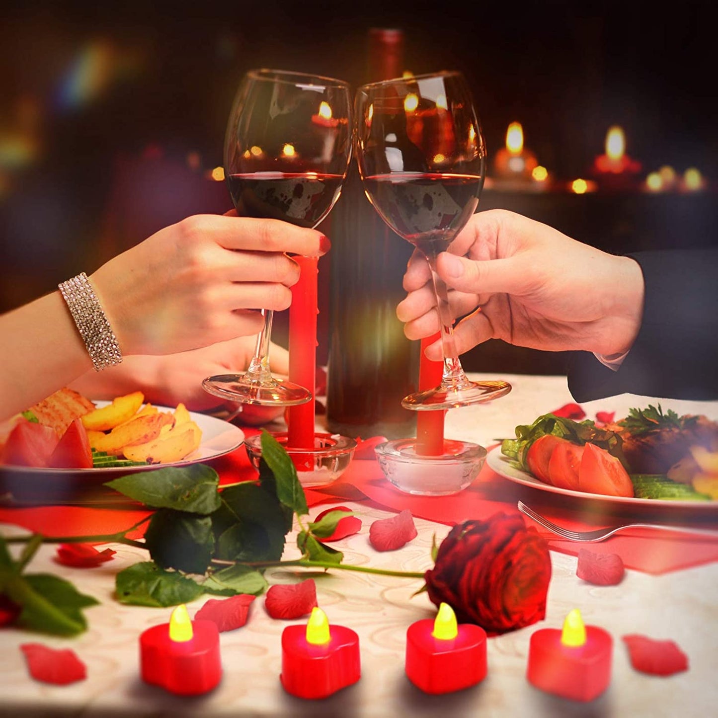 12 Pieces Heart Shape LED Tealight Candles w/ 200 Pieces Silk Rose Petals (Red Light, Red Petall)