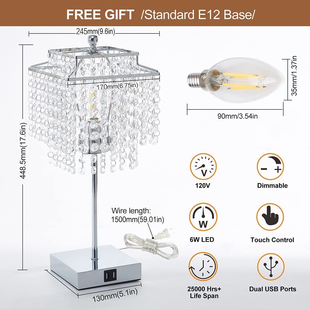 Set of 2 Silver Touch Control Crystal Table Lamp