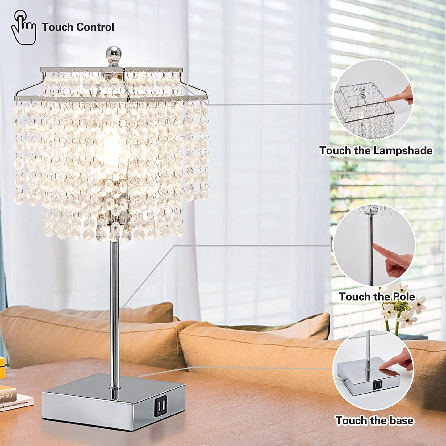 Set of 2 Silver Touch Control Crystal Table Lamp