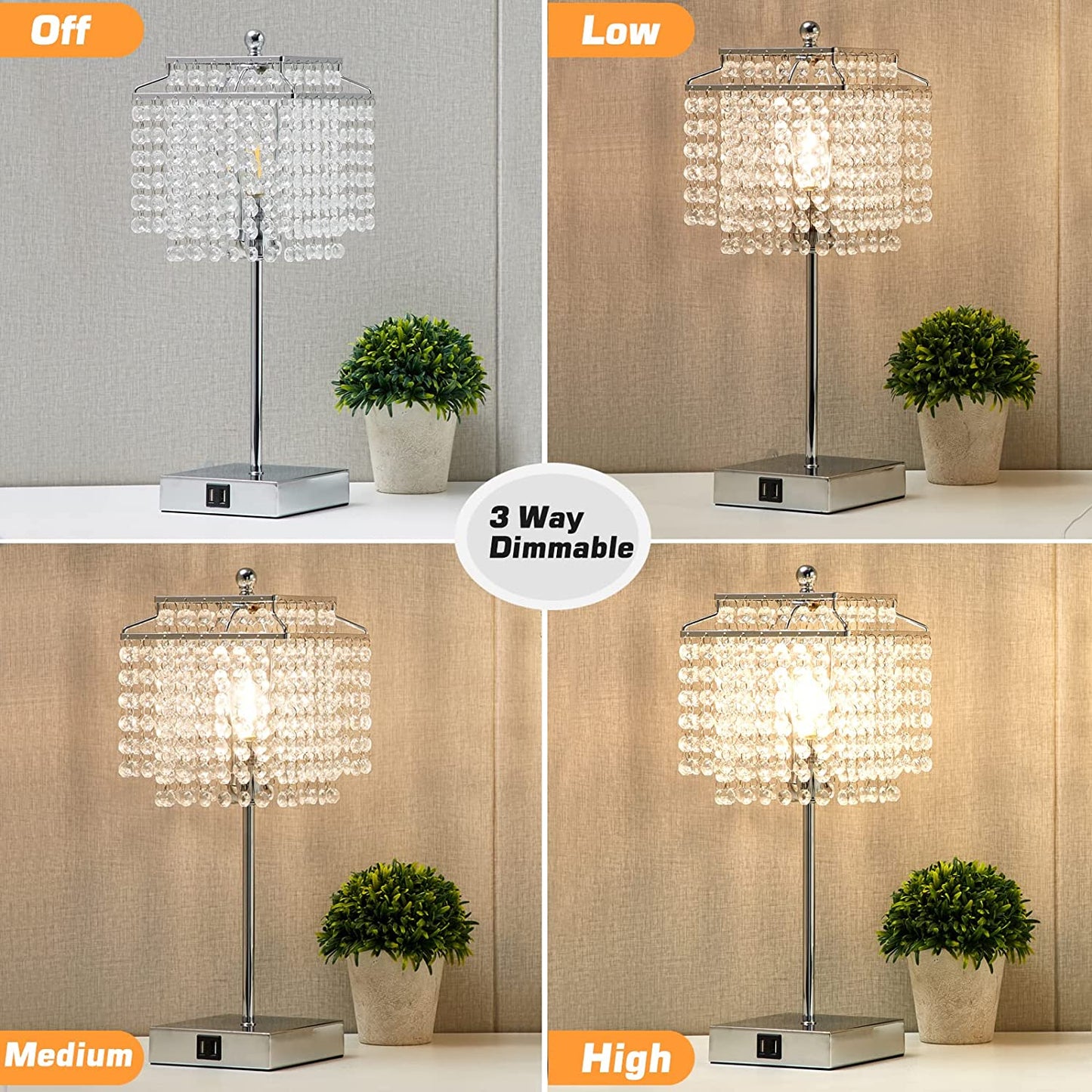 Set of 2 Silver Touch Control Crystal Table Lamp
