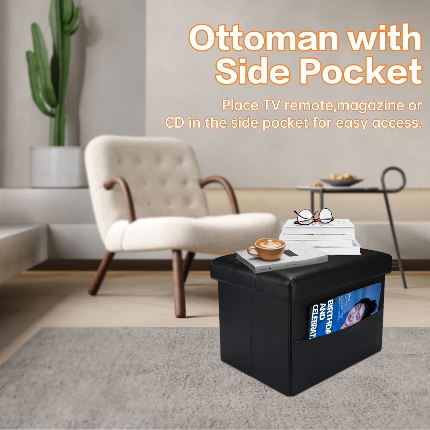 Folding Storage Ottoman Foot Rest Footstool w/ Side Pocket, Padded w/ Thick Sponge,16X12X12in Black