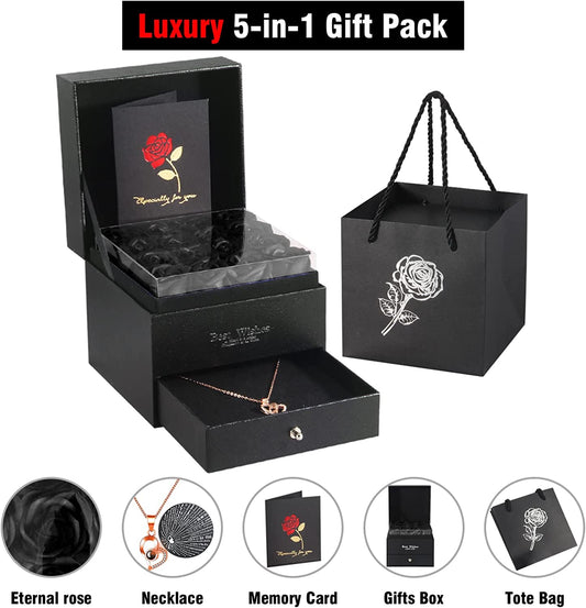 Eternal Preserved Rose, Handmade Box w/ Love You Necklace 100 Languages, Black