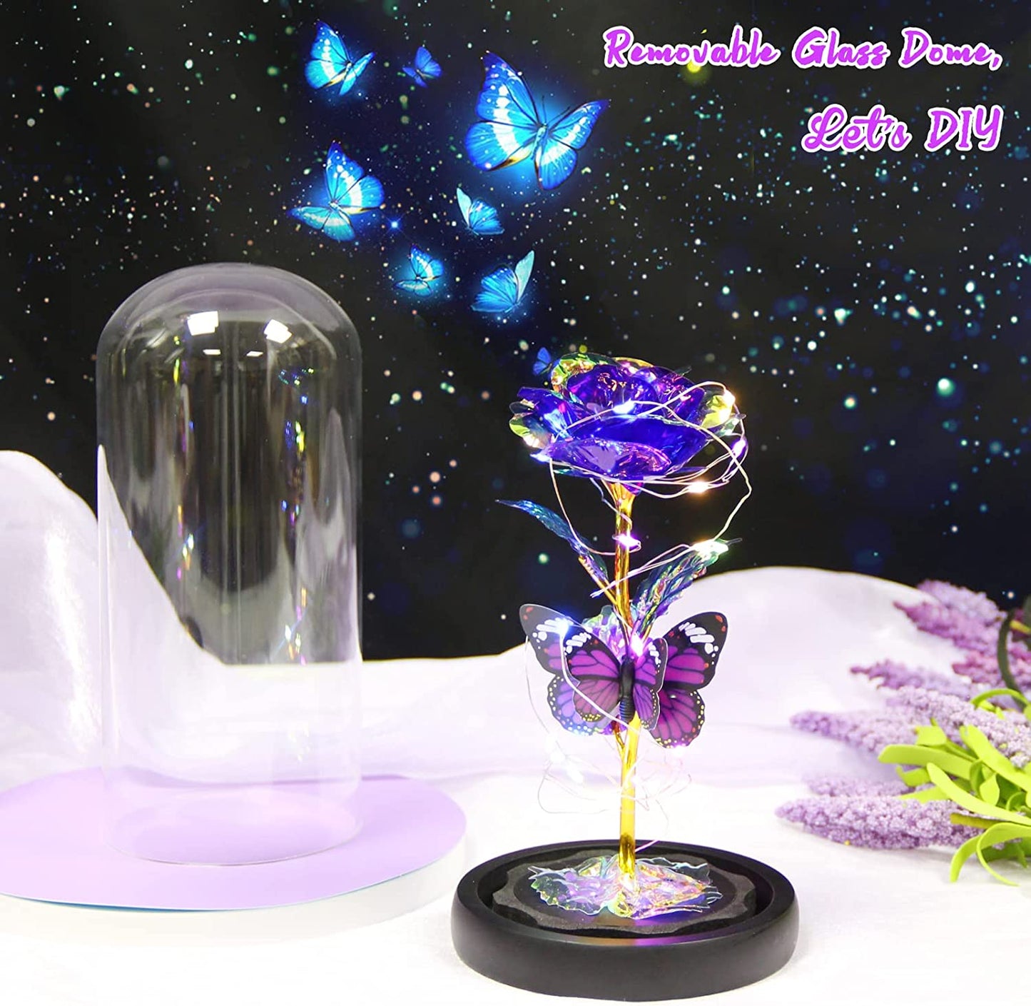 Valentines Day Gifts for Her, Enchanted Galaxy Roses in Glass Dome, Light Up Purple Rose