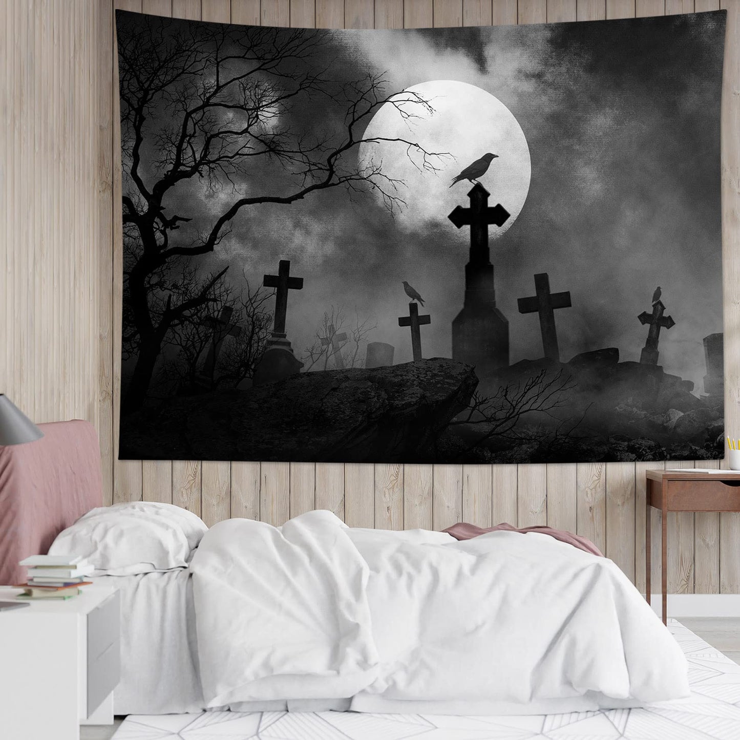 Halloween Tapestry Full Moon Black Crow Tombstone Dead Tree , Scary Grey Cemetery Forest Wall