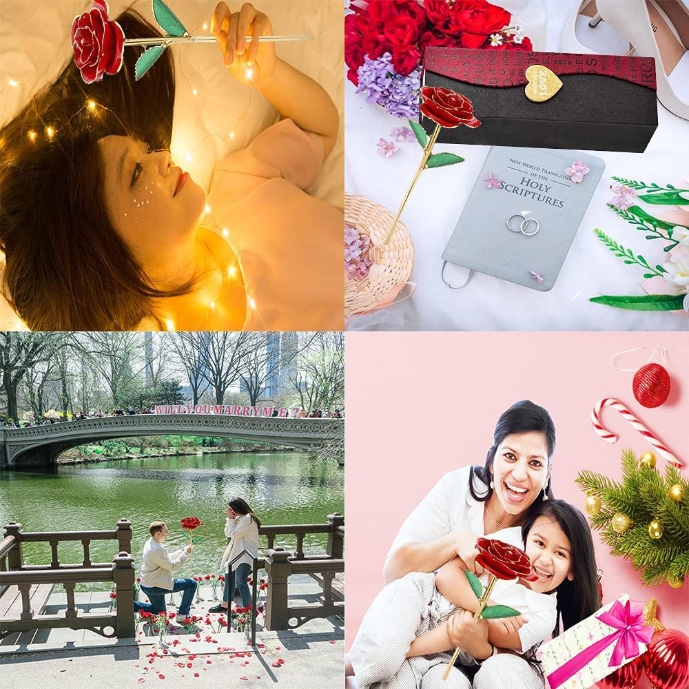 Gold Rose 24K Plated Gold Dipped Rose, Forever Preserved Red Rose w/ Stand