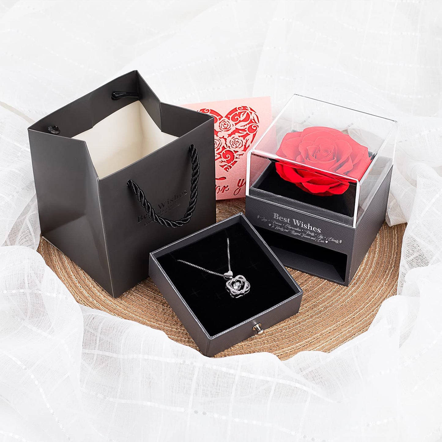 Preserved Real Rose w/ Dancing Heart Necklace. Birthday Gifts for Mom Girlfriend (Red)