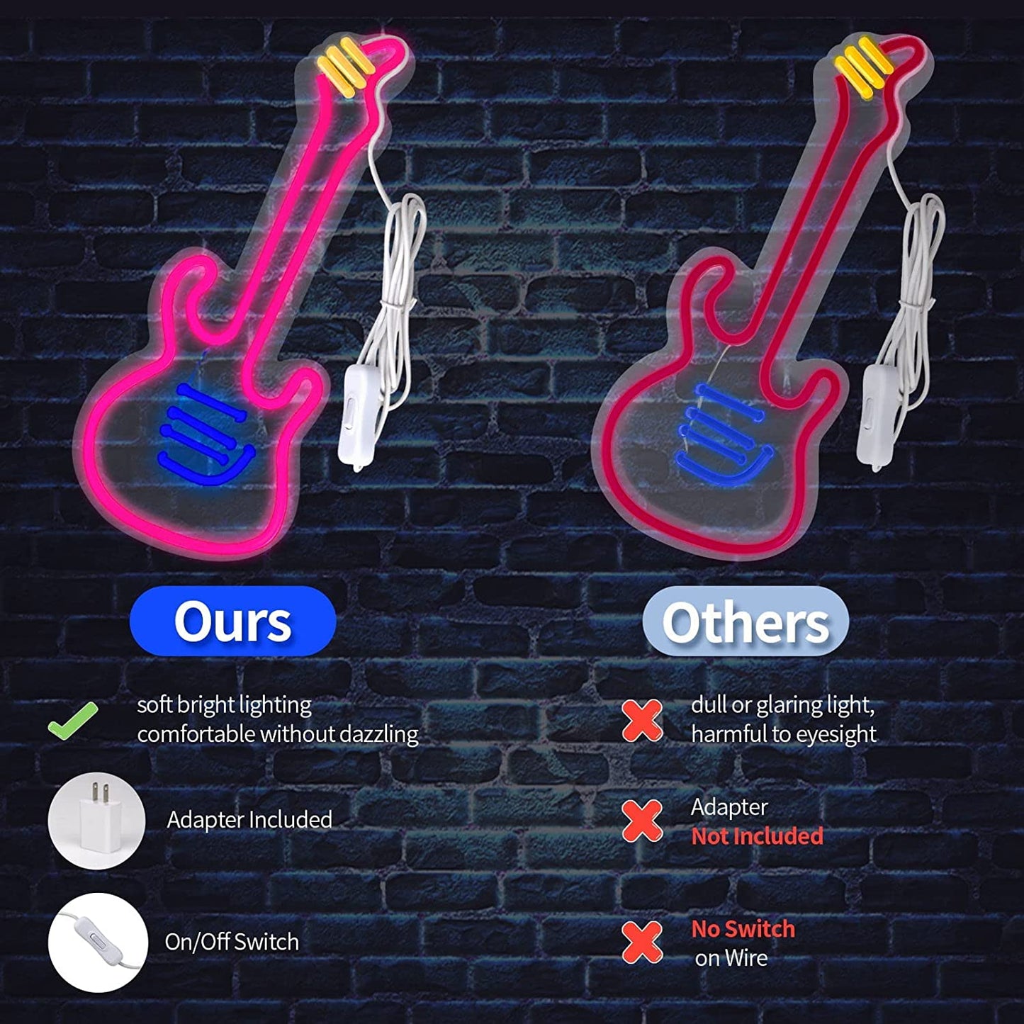 Guitar Neon Sign Light, On/Off-Switch for Wall Decor, LED Light Sign for Bedroom Decoration, Easily-Install w/ Hooks, Chain, Adaptor (14"x6")