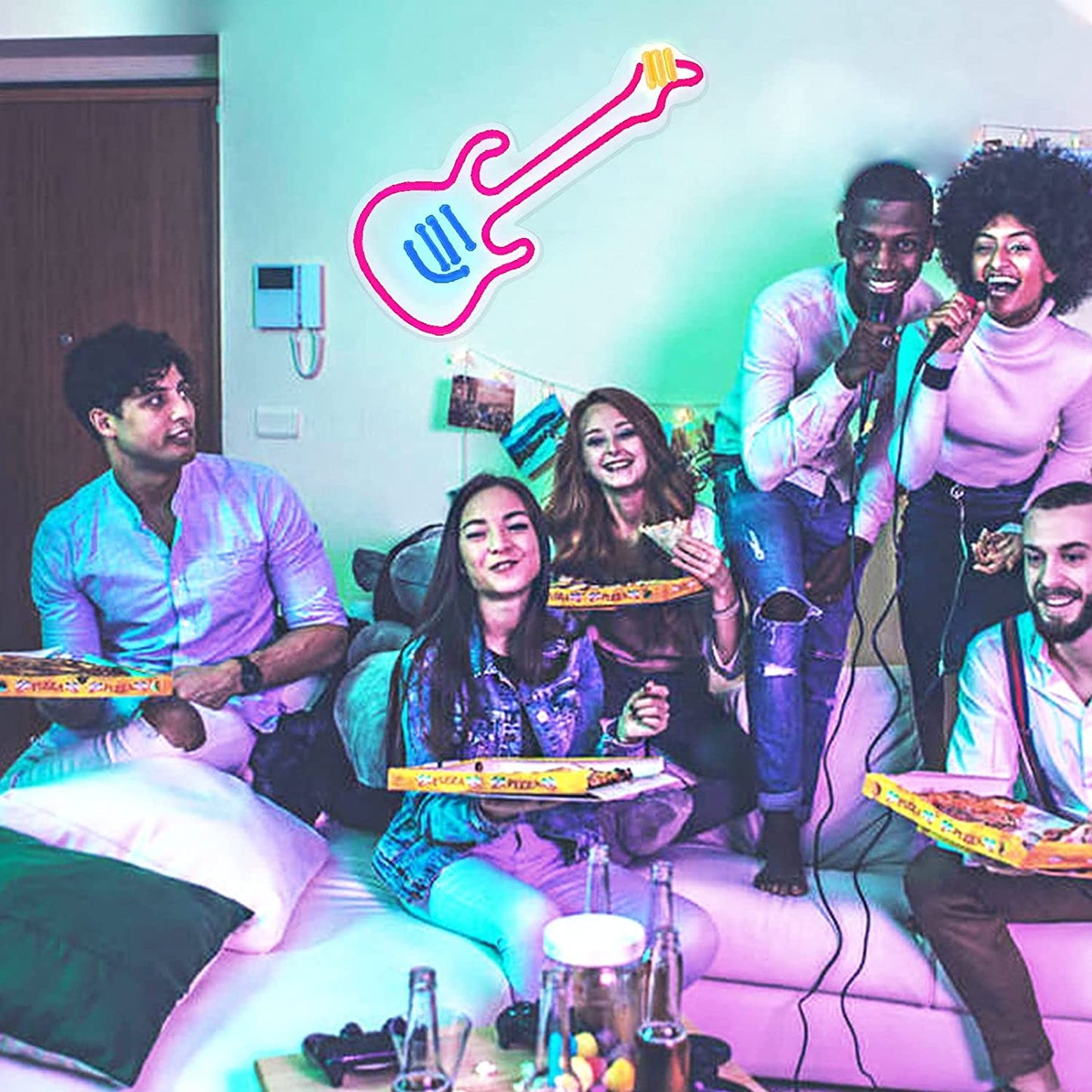 Guitar Neon Sign Light, On/Off-Switch for Wall Decor, LED Light Sign for Bedroom Decoration, Easily-Install w/ Hooks, Chain, Adaptor (14"x6")