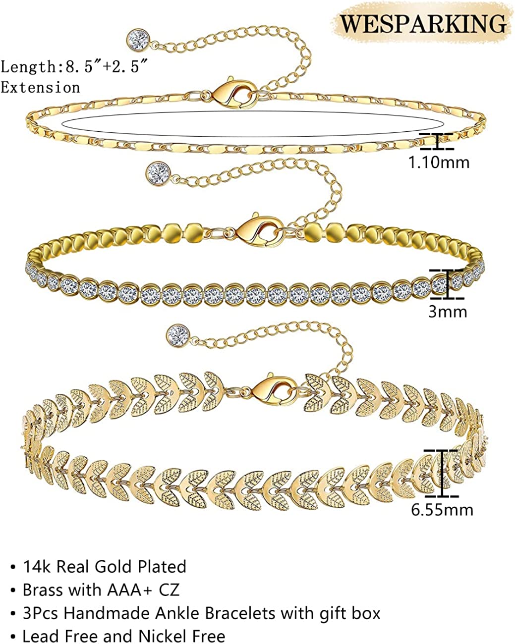 Gold Ankle Bracelets for Women 14k Gold Plated Layered Set 3Pcs, A-Yellow Gold-Tennis