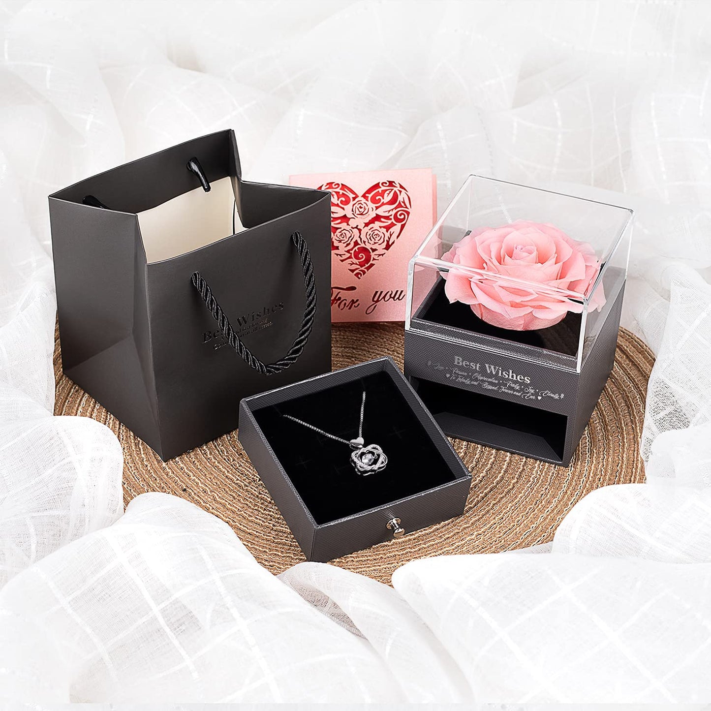 Preserved Real Rose w/ Necklace, Eternal Rose for Mom Wife Girlfriend Sister Ideas (Pink)