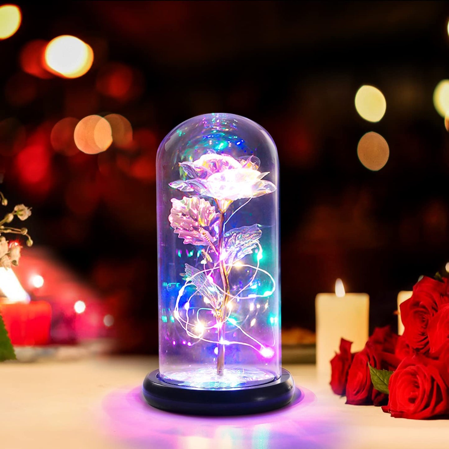 Rainbow Galaxy Artificial Rose, LED Light Up Flower Rose in Glass Dome, Rainbow