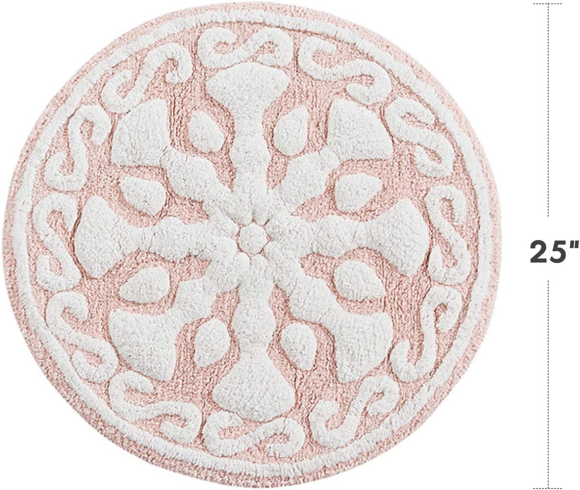 100% Cotton Tufted Bathroom Rugs Luxurious Plush Medallion Floral Pattern Bath Mat Absorbent, Quick Dry, Round 25", Pink