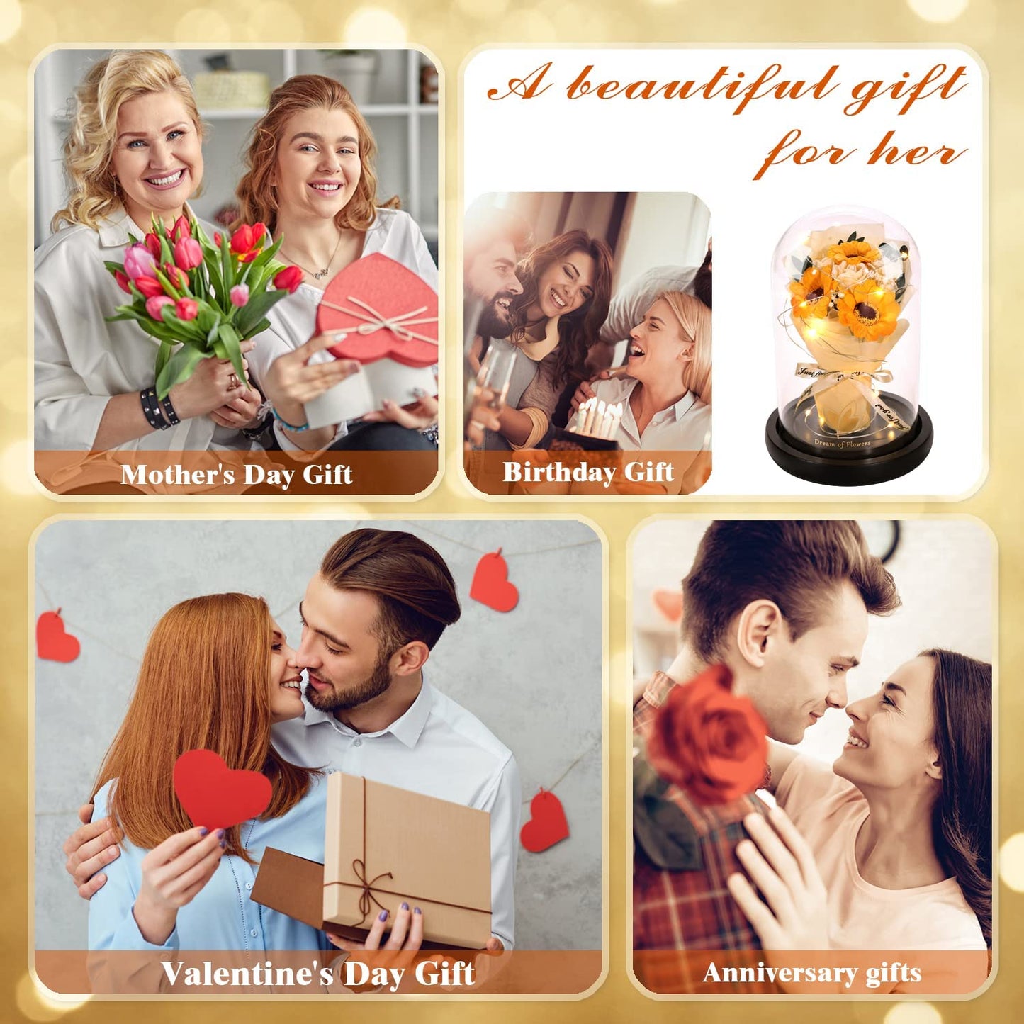 Valentines Flowers Gifts Artificial Flowers Bouquets, Sunflower Rose Flower Gift in Glass Dome