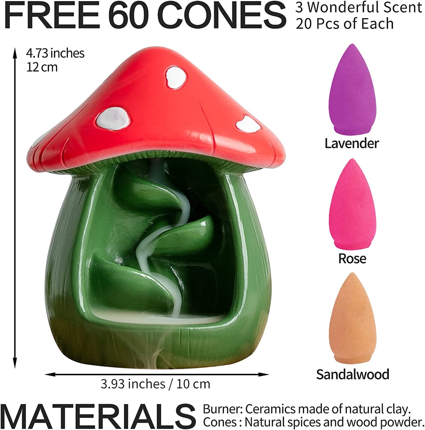 Cute Mushroom Incense Holder with 60 Incense Cones- Green
