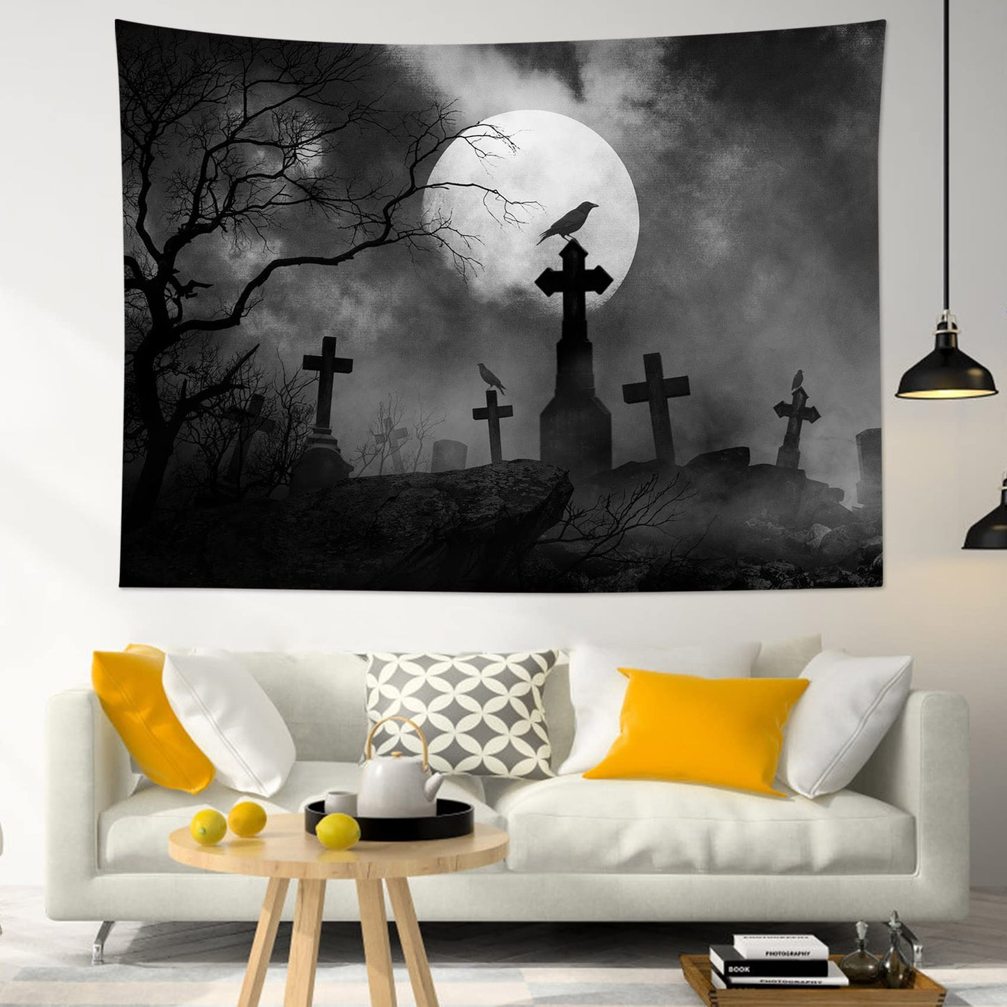 Halloween Tapestry Full Moon Black Crow Tombstone Dead Tree , Scary Grey Cemetery Forest Wall